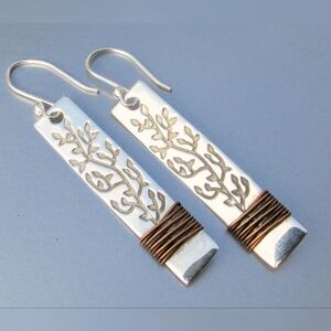 Vintage Mexico Sterling Silver Copper Wire Wrapped Tree Of Life Earrings